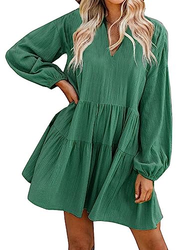 FANCYINN Sommerkleid Damen Kurz Tunika Kleid V-Ausschnitt Volant Lockeres Swing Mini Kleider Dunkelgrün-Langarm XS von FANCYINN