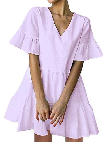 FANCYINN Sommerkleid Damen Kurz Tunika Kleid V-Ausschnitt Volant Lockeres Swing Mini Kleider Helles Lila XS von FANCYINN