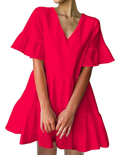 FANCYINN Sommerkleid Damen Kurz Tunika Kleid V-Ausschnitt Volant Lockeres Swing Mini Kleider Rot von FANCYINN