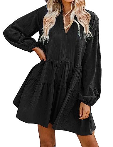 FANCYINN Sommerkleid Damen Kurz Tunika Kleid V-Ausschnitt Volant Lockeres Swing Mini Kleider Schwarz-Langarm XS von FANCYINN