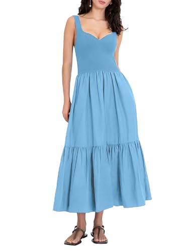 FANCYINN Sommerkleid Damen Lang Ärmellos Freizeit Strandkleider Rüschen Lässiges Hohe Taille Tank Kleider mit Taschen Hellblau S von FANCYINN