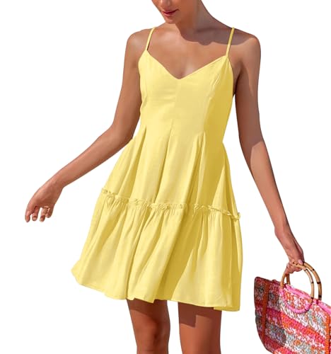FANCYINN Sommerkleid Damen mit V-Ausschnitt Spaghetti Trägerkleid Rüschen Rückenfreies Ärmellos Swing Freizeitkleid Strandkleid mit Taschen Gelb L von FANCYINN