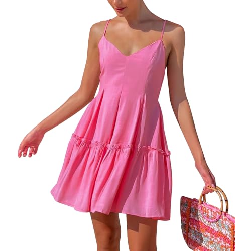 FANCYINN Sommerkleid Damen mit V-Ausschnitt Spaghetti Trägerkleid Rüschen Rückenfreies Ärmellos Swing Freizeitkleid Strandkleid mit Taschen Rose Rot XL von FANCYINN