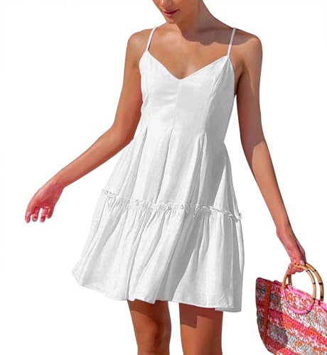 FANCYINN Sommerkleid Damen mit V-Ausschnitt Spaghetti Trägerkleid Rüschen Rückenfreies Ärmellos Swing Freizeitkleid Strandkleid mit Taschen Weiß S von FANCYINN
