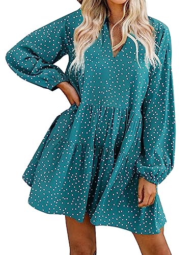 FANCYINN Tunika Kleid Damen V-Ausschnitt Lose Casual Swing Kleid Mini Kleider mit Gerafft Schmeichelhaft Grüner Punkt-Langarm L von FANCYINN