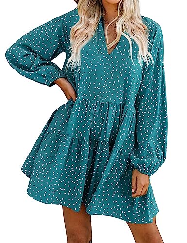 FANCYINN Tunika Kleid Damen V-Ausschnitt Lose Casual Swing Kleid Mini Kleider mit Gerafft Schmeichelhaft Grüner Punkt-Langarm S von FANCYINN