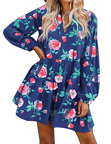 FANCYINN Tunika Kleid Damen V-Ausschnitt Lose Casual Swing Kleid Mini Kleider mit Gerafft Schmeichelhaft Rose Blumen Marine M von FANCYINN