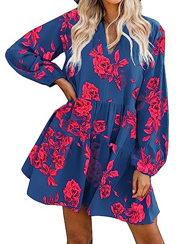 FANCYINN Tunika Kleid Damen V-Ausschnitt Lose Casual Swing Kleid Mini Kleider mit Gerafft Schmeichelhaft Rot Rose Blumen L von FANCYINN