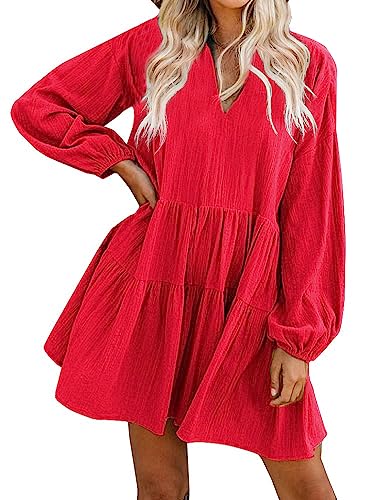 FANCYINN Sommerkleid Damen Kurz Tunika Kleid V-Ausschnitt Volant Lockeres Swing Mini Kleider Rot-Langarm XL von FANCYINN