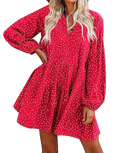 FANCYINN Tunika Kleid Damen V-Ausschnitt Lose Casual Swing Kleid Mini Kleider mit Gerafft Schmeichelhaft Roter Punkt-Langarm M von FANCYINN