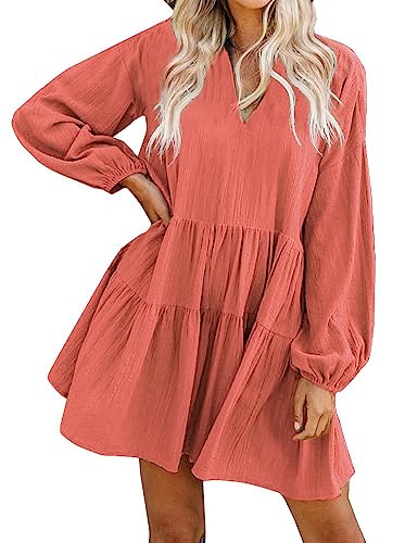 FANCYINN Sommerkleid Damen Kurz Tunika Kleid V-Ausschnitt Volant Lockeres Swing Mini Kleider Mandarine-Langarm XL von FANCYINN