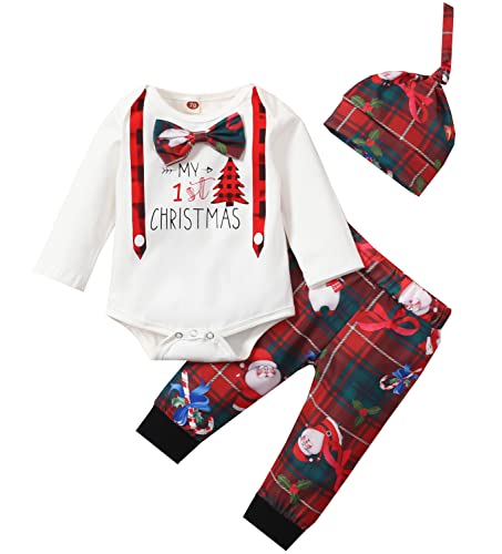 FANCYINN Weihnachtsoutfits Baby Mädchen Jungen Strampler Jumpsuit + Hose mit Weihnachtsmann-Print + Rot Karierte Weihnachtsmütze 3-6 Monate von FANCYINN