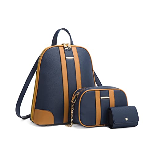 FANDARE 3-teiliges Set Rucksack Damen Schultertasche Schulrucksack PU-Leder Rucksäcke Daypacks Schulranzen Schultasche Wasserdicht für Reisen Einkaufen Arbeiten Blau von FANDARE