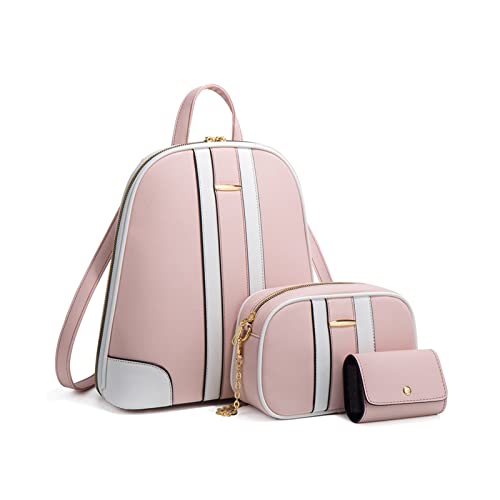 FANDARE 3-teiliges Set Rucksack Damen Schultertasche Schulrucksack PU-Leder Rucksäcke Daypacks Schulranzen Schultasche Wasserdicht für Reisen Einkaufen Arbeiten Rosa von FANDARE