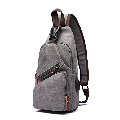 FANDARE Brusttasche Herren Schultertasche Sling Bag Rucksack mit USB Segeltuch Tasche Umhängetasche Sporttasche für Wandern,Abenteuer,Sport, Reisen und Joggen Grau von FANDARE