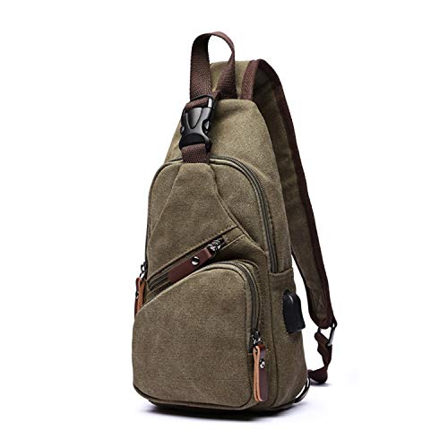 FANDARE Brusttasche Herren Schultertasche Sling Bag Rucksack mit USB Segeltuch Tasche Umhängetasche Sporttasche für Wandern,Abenteuer,Sport, Reisen und Joggen Grün von FANDARE