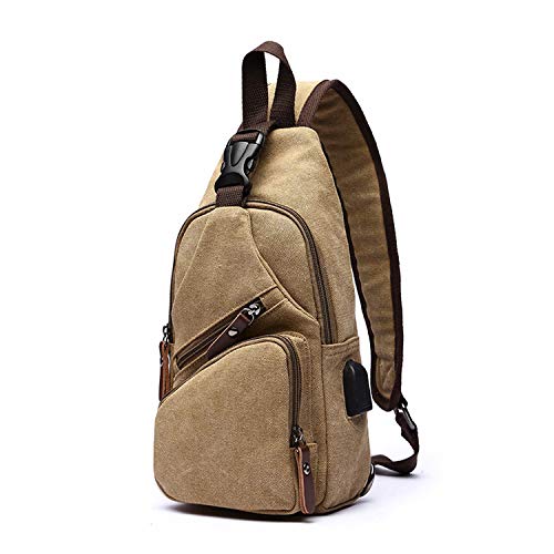 FANDARE Brusttasche Herren Schultertasche Sling Bag Rucksack mit USB Segeltuch Tasche Umhängetasche Sporttasche für Wandern,Abenteuer,Sport, Reisen und Joggen Khaki von FANDARE