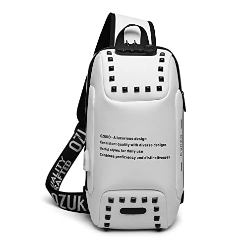 FANDARE Brusttasche Sling Bag Sling Rucksack Schultertasche mit USB-Ladeanschluss Passwortschutz Crossbody Bag Business Umhängetasche Herren Damen Reisen Wandern Wasserdicht Daypacks Schwarz-Weiss von FANDARE