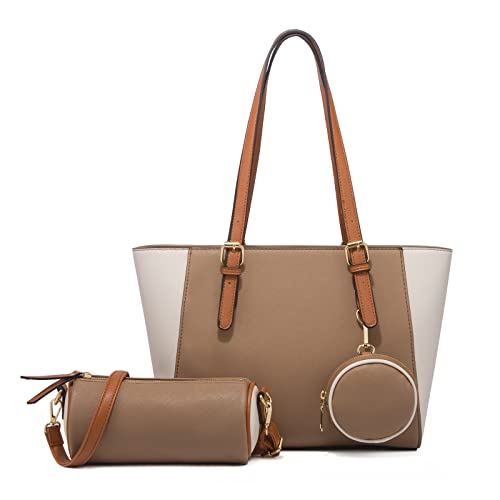 FANDARE Damen Handtasche 3-teiliges Set Damen Shopper Schultertasche Groß Henkeltaschen Umhängetasche Geldbörse Tragetasche Frauen Reise Alltag Büro Schule Ausflug PU Leder Handbags Khaki von FANDARE