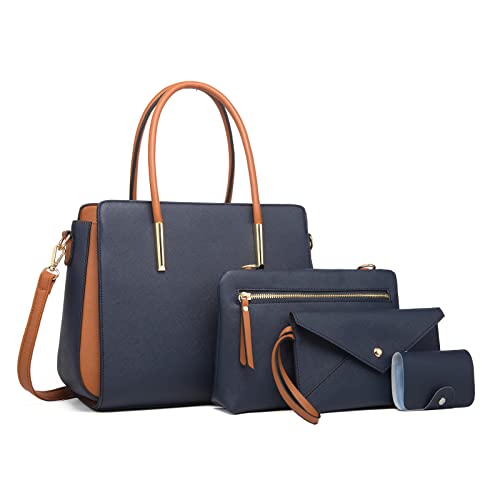 FANDARE Damen Handtasche 4 Stück Set Umhängetasche Frauen Reise Citytasche mit Unterarmtasche Brieftasche Schulterbeutel Shopper Tote für Mädchen Alltag Büro Schule Ausflug Henkeltasche Dunkelblau von FANDARE