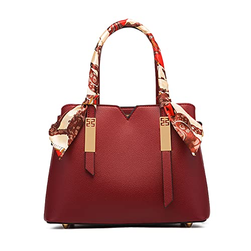 FANDARE Damen Handtasche Umhängetasche Frauen Schulterbeutel Shopper Tote Reise Henkeltasche Schulterriemen Abendtasche Citytasche mit Seidenschal Dekoration Wasserdicht PU Leder Rot von FANDARE