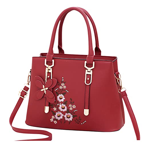 FANDARE Damen Henkeltaschen Wasserdicht Tote Beutel Umhängetaschen Schultertasche PU-Leder Bestickte Handtasche für Reisen Einkaufen Arbeiten Rotwein von FANDARE