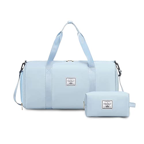 FANDARE Damen Reisetaschen Herren Klassische Sporttaschen Handgepäck mit Kosmetiktasche Weekender Umhängetasche Übernachtung Kliniktasche Schwimmtasche Trainingstasche Tote Bag Hellblau von FANDARE