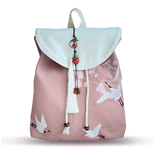 FANDARE Damen Rucksack Stickerei Rucksäcke Mädchen Ethnischer Stil Schultasche Einzigartig Daypack Hochschule Reise Einkaufen Datieren Schulranzen Dauerhaft Segeltuch Kirschblüten Kran von FANDARE