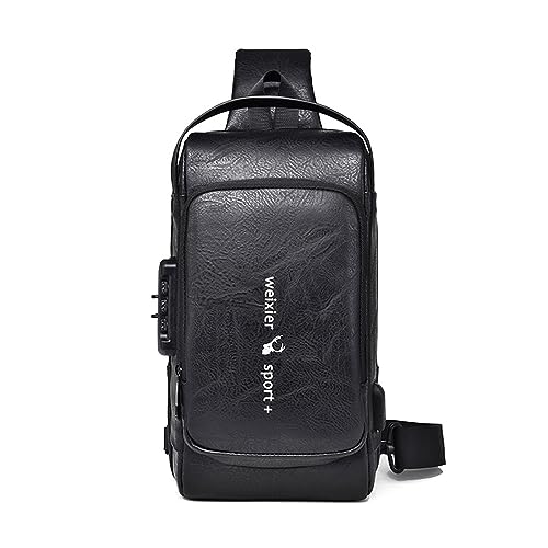 FANDARE Diebstahlschutz Brusttasche Sling Rucksack Geschäft Schultertasche Sporttasche Herren Umhängetasche mit USB-Ladeanschluss PU Leder Crossbody Bag für Reisen Arbeit Wandern Daypacks Schwarz A von FANDARE