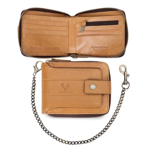 FANDARE Diebstahlsicher Geldbörse für Männer mit RFID-Blockierung Reißverschluss Leder-Geldbörse Bifold-Kartenhalter mit 13 Kartenfächern & ID-Fenster & Münzfach für Business Reisen Hellbraun von FANDARE