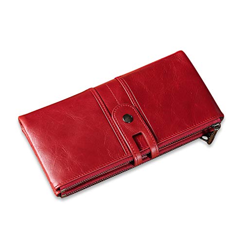 FANDARE Geldbörse Münzbörsen mit RFID für Damen Unterarmtasche Herren Brieftasche Clutches Geldklammer Kreditkartenetui Portemonnaie Geldbeutel Portmonee Leder Geldbörse für Party, Einkaufen Rot von FANDARE