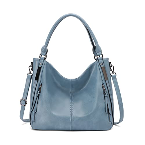 FANDARE Groß Handtschasche Vintage Schultertasche Damen Umhängetasche Frauen Schulranzen PU Leder Wasserdicht für Shopper Reisen Arbeitstasche Messenger Tote Bags Blau von FANDARE