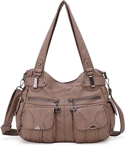 FANDARE Groß Schultertasche Damen Umhängetasche Frauen Vintage Schulranzen Wasserdicht PU Leder Women Purse für Shopper Reisen Arbeitstasche Messenger Hobo Bags Khaki von FANDARE