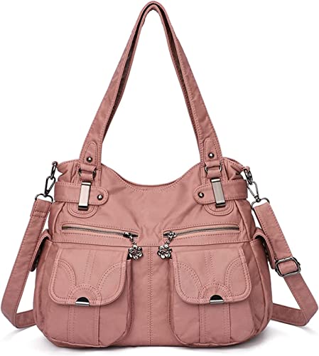 FANDARE Groß Schultertasche Damen Umhängetasche Frauen Vintage Schulranzen Wasserdicht PU Leder Women Purse für Shopper Reisen Arbeitstasche Messenger Hobo Bags Rosa von FANDARE