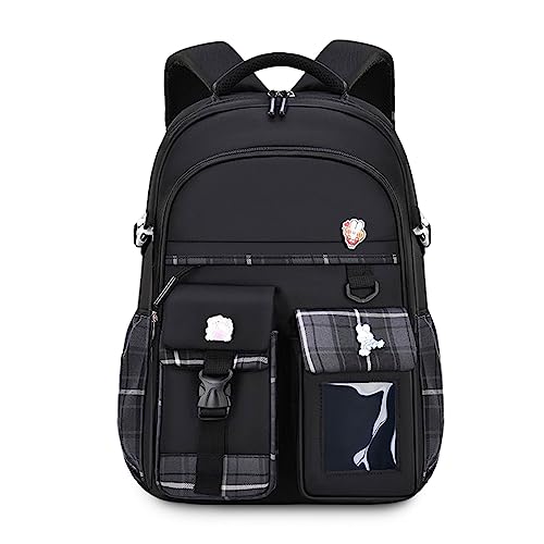 FANDARE Kinderrucksack Kindergartenrucksack Schulranzen Mädchen Junge Schulranzen Schulrucksack Nylon Schultertasche für Reisen Schule Daypacks mit Plüsch-Accessoires & Niedliches Abzeichen Schwarz von FANDARE