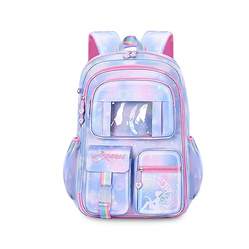 FANDARE Kinderrucksack Schulranzen Schultaschen Mädchen Schulrucksack Kinder Schultasche für 1-3 Klasse Schüler Outdoor Reise Daypacks Kindergartentasche Rucksack mit Plüschanhänger Blau A von FANDARE