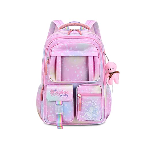 FANDARE Kinderrucksack Schulranzen Schultaschen Mädchen Schulrucksack Kinder Schultasche für 1-3 Klasse Schüler Outdoor Reise Daypacks Kindergartentasche Rucksack mit Plüschanhänger Rosa von FANDARE