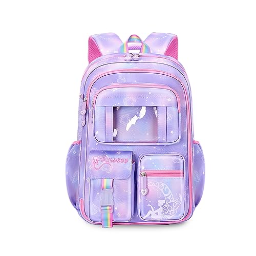 FANDARE Kinderrucksack Schulranzen Schultaschen Mädchen Schulrucksack Kinder Schultasche für 1-3 Klasse Schüler Outdoor Reise Daypacks Kindergartentasche Rucksack mit Plüschanhänger Violett A von FANDARE