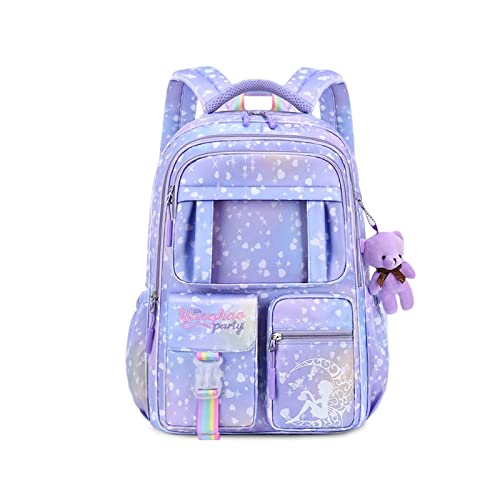 FANDARE Kinderrucksack Schulranzen Schultaschen Mädchen Schulrucksack Kinder Schultasche für 1-3 Klasse Schüler Outdoor Reise Daypacks Kindergartentasche Rucksack mit Plüschanhänger Violett von FANDARE