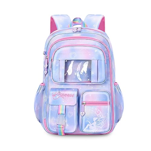 FANDARE Kinderrucksack Schulranzen Schultaschen Mädchen Schulrucksack Kinder Schultasche für 4-9 Klasse Schüler Outdoor Reise Daypacks Kindergartentasche Rucksack mit Plüschanhänger Blau von FANDARE