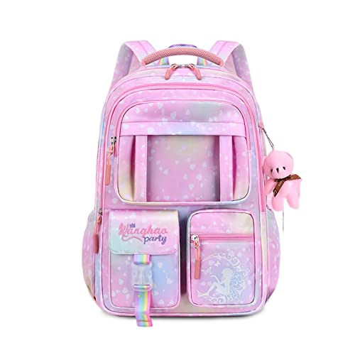 FANDARE Kinderrucksack Schulranzen Schultaschen Mädchen Schulrucksack Kinder Schultasche für 4-9 Klasse Schüler Outdoor Reise Daypacks Kindergartentasche Rucksack mit Plüschanhänger Rosa von FANDARE