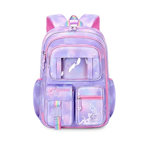 FANDARE Kinderrucksack Schulranzen Schultaschen Mädchen Schulrucksack Kinder Schultasche für 4-9 Klasse Schüler Outdoor Reise Daypacks Kindergartentasche Rucksack mit Plüschanhänger Violett A von FANDARE