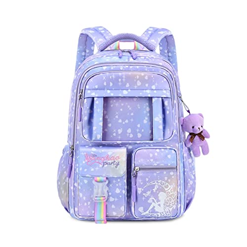 FANDARE Kinderrucksack Schulranzen Schultaschen Mädchen Schulrucksack Kinder Schultasche für 4-9 Klasse Schüler Outdoor Reise Daypacks Kindergartentasche Rucksack mit Plüschanhänger Violett von FANDARE