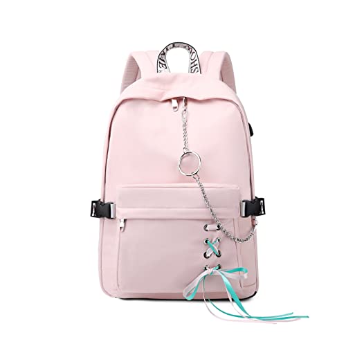 FANDARE Lässig Schulranzen Schulrucksack Schultaschen Daypack mit USB-Ladeanschluss Mädchen Teens Schultasche mit süßem Band für Schüler Reise Rucksack Damen Schultasche Rosa M von FANDARE