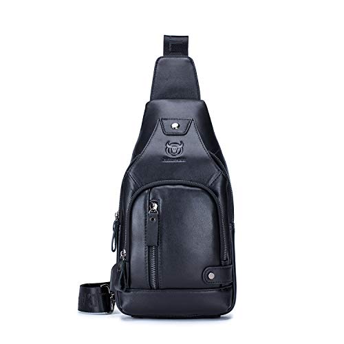 FANDARE Leder Brusttasche Sling Rucksack Sling Chest Bag für Herren Schultertasche Schulterrucksack Junge Umhängetasche für Outdoorsport Wandern Radfahren Bergsteigen Reisen Wasserresistent Schwarz von FANDARE