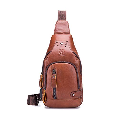 FANDARE Leder Brusttasche Sling Rucksack Sling Chest Bag für Herren Schultertasche Schulterrucksack Junge Umhängetasche für Outdoorsport Wandern Radfahren Bergsteigen Reisen Wasserresistent Rot Braun von FANDARE