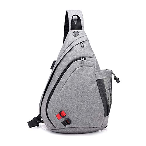 FANDARE Leicht Brusttasche Sling Rucksack Schultertasche mit USB Chest Bag Crossbody Umhängetasche Sporttasche für Herren Damen Junge Mädchen Reise Crossover Daypack Wandern Bergsteigen Polyester Grau von FANDARE