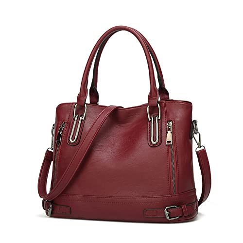 FANDARE Leichte Handtschasche Vintage Schultertasche Damen Umhängetasche Frauen Schulranzen PU Leder Wasserdicht für Shopper Reisen Arbeitstasche Messenger Tote Bags Weinrot von FANDARE