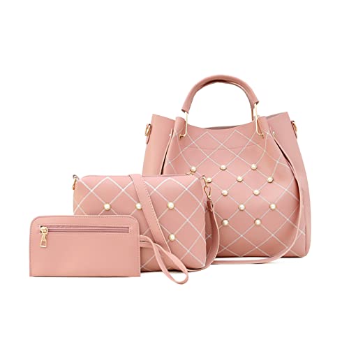 FANDARE Mode Damen-Henkeltaschen 3-teiliges Set Eimer Tasche Wasserdicht Schultertaschen Umhängetaschen Handtasche PU-Leder Messenger-Tasche für Reisen Einkaufen Arbeiten Rosa von FANDARE