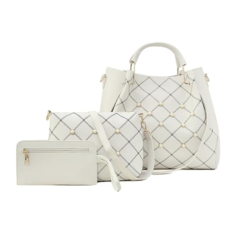 FANDARE Mode Damen-Henkeltaschen 3-teiliges Set Eimer Tasche Wasserdicht Schultertaschen Umhängetaschen Handtasche PU-Leder Messenger-Tasche für Reisen Einkaufen Arbeiten Weiß A von FANDARE